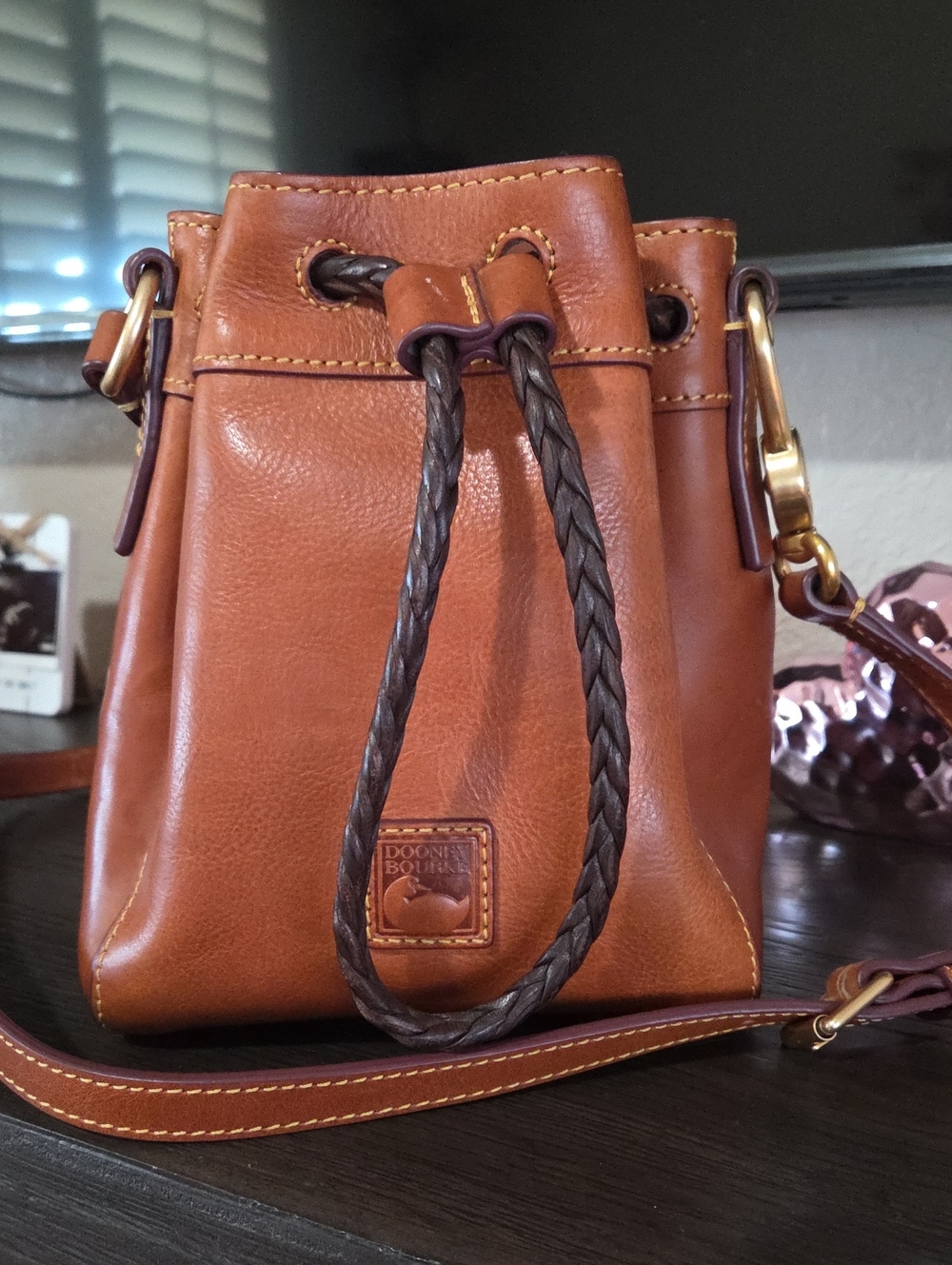 Dooney & Bourke Small Hattie Neatural Florentine Leather Drawstring Bucket Bag